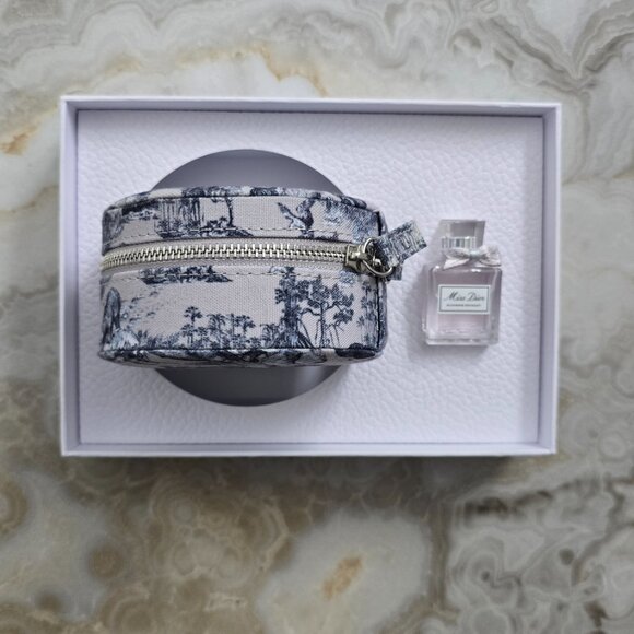 NEW Christian Dior Jewelry Travel Case Round Toile de Jouy Mini Zip Pouch Perfum - Picture 3 of 6